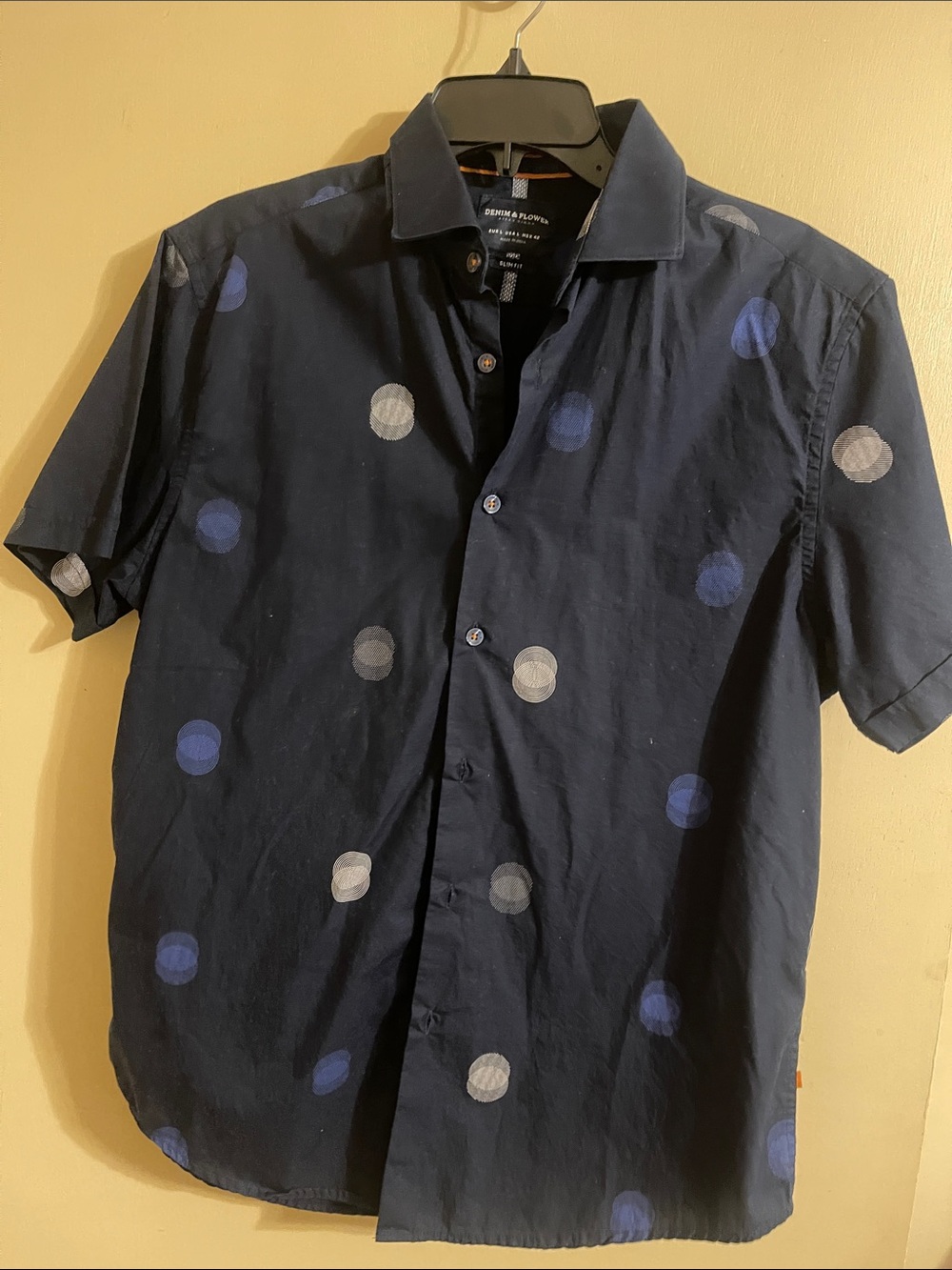 Denim & Flower Navy Short-Sleeve Button-Up with Blue & Gray Dot Print